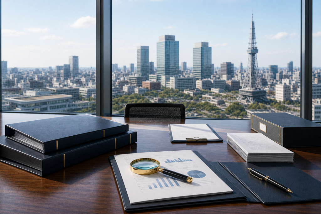 名古屋の市街を望む会議室で、興信所M&Aと企業信用調査の資料を確認しているイメージ