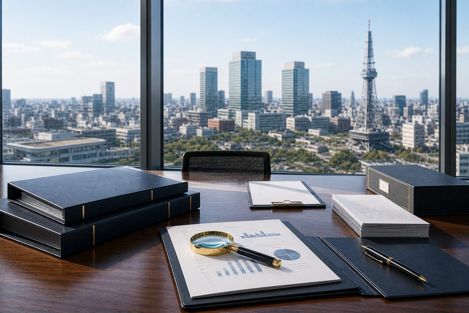 名古屋の市街を望む会議室で、興信所M&Aと企業信用調査の資料を確認しているイメージ